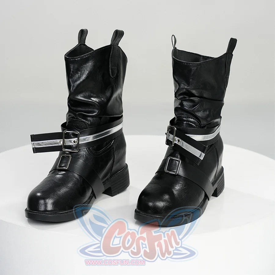Kurobe Nanoka cosplay boots shown in side profile with slouchy shaft and decorative silver cross-buckle straps on black PU leather