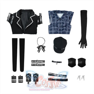 Kurobe Nanoka cosplay costume complete set flat lay showing all pieces and accessories included