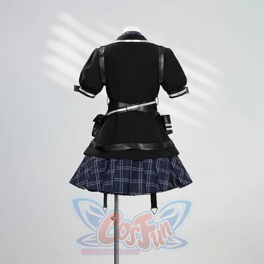 Kurobe Nanoka cosplay costume front view with black jacket, white trim and plaid dress details