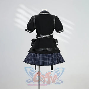 Kurobe Nanoka cosplay costume back view featuring black jacket with white straps and plaid skirt