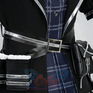 Kurobe Nanoka cosplay costume waist belt detail with buckle, utility pouches and plaid skirt fabric
