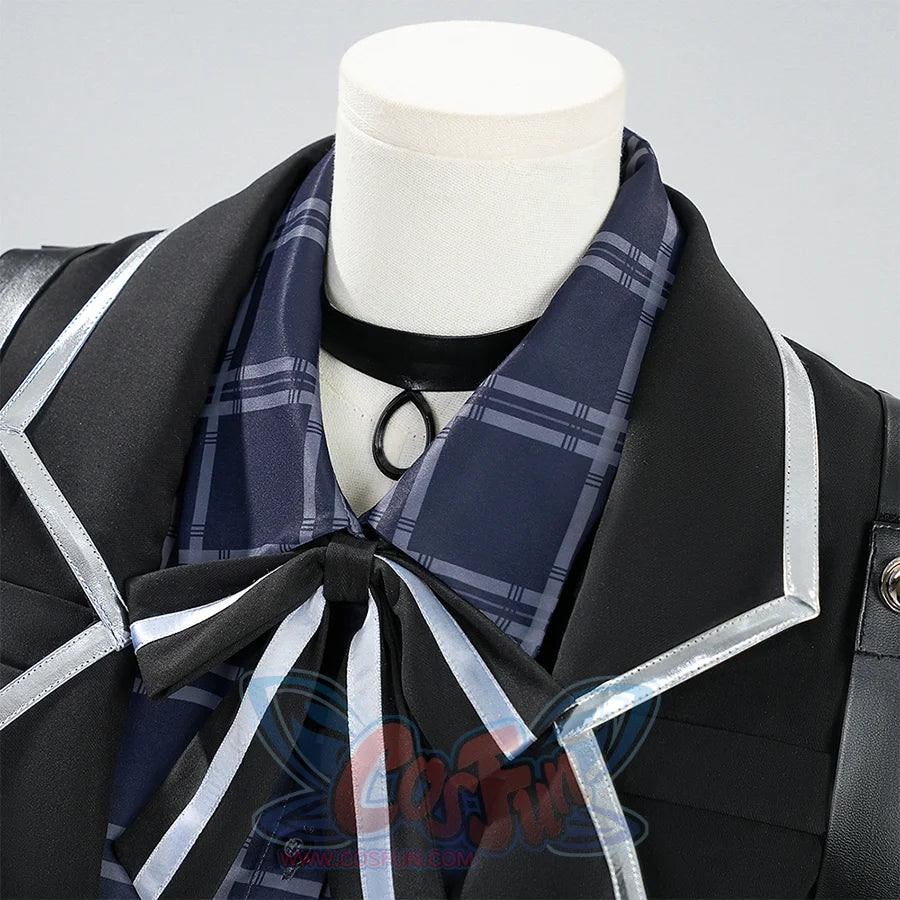 Kurobe Nanoka cosplay costume plaid bow tie and collar detail with black jacket white trim straps