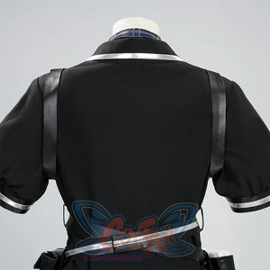 Kurobe Nanoka cosplay costume jacket back view with shoulder straps, white collar trim and belt