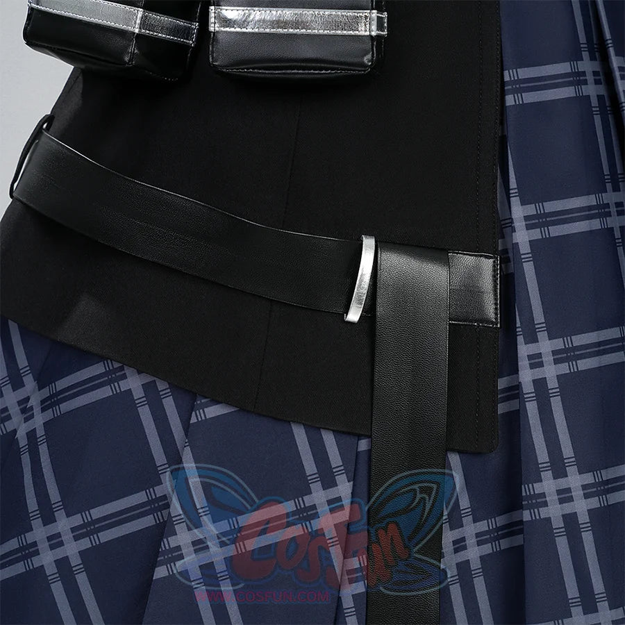 Kurobe Nanoka cosplay costume jacket piece flat lay with belts, pouches and plaid skirt fabric