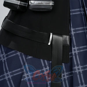 Kurobe Nanoka cosplay costume jacket piece flat lay with belts, pouches and plaid skirt fabric