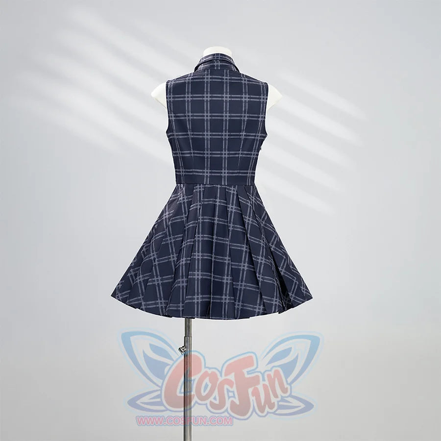 Kurobe Nanoka cosplay costume plaid dress back view showing collar, waist belt and pleated skirt
