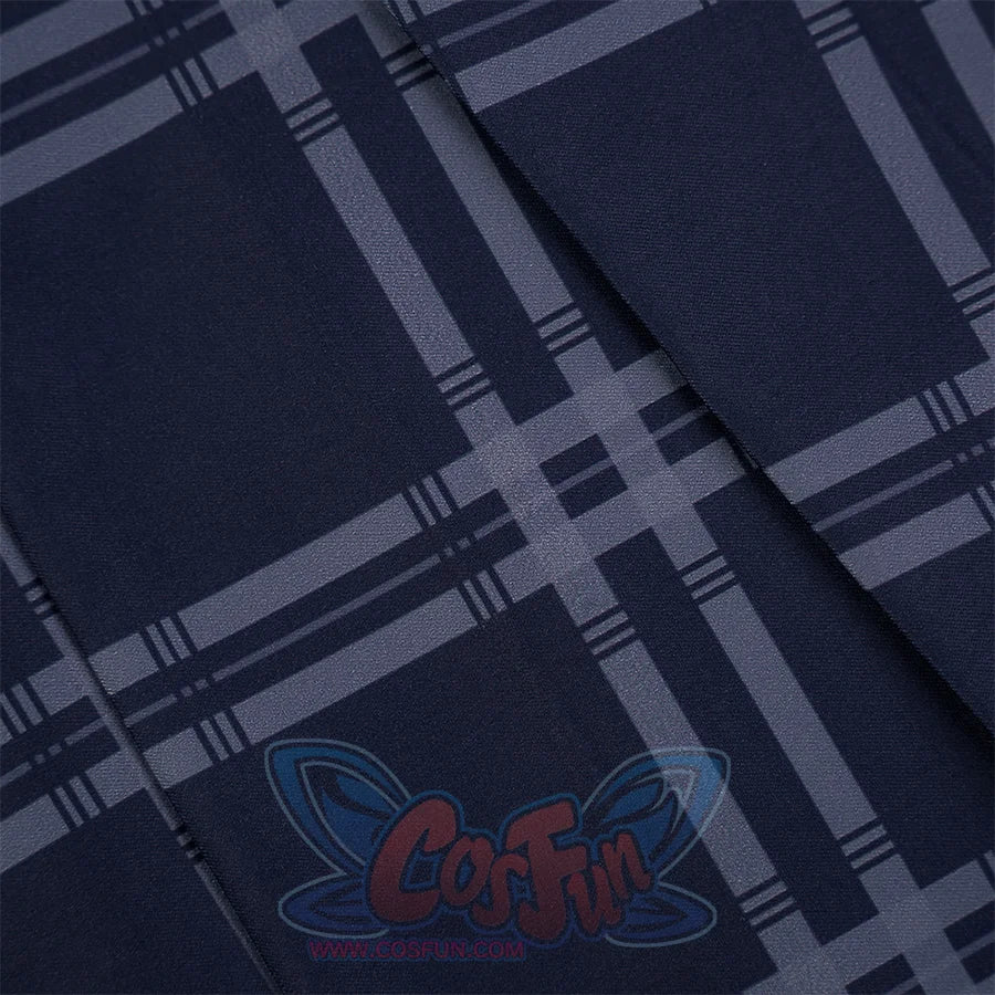 Kurobe Nanoka cosplay costume plaid fabric material closeup showing navy blue and white weave