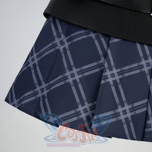Kurobe Nanoka cosplay costume plaid skirt hem detail showing navy and white plaid pattern weave