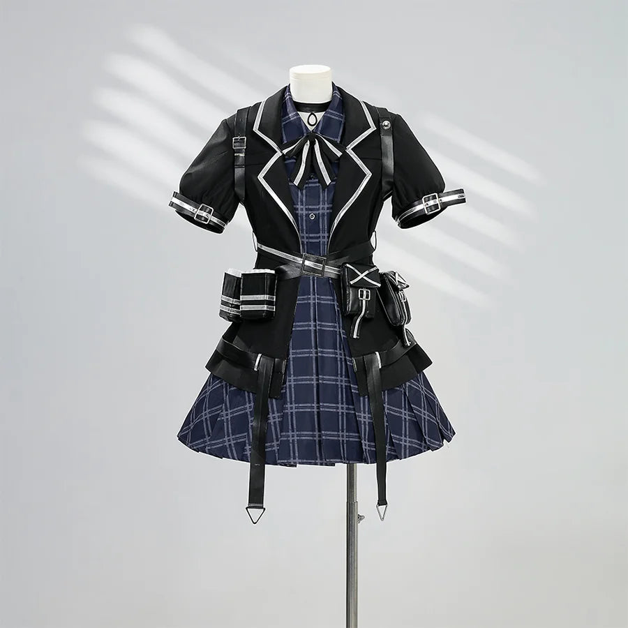 Kurobe Nanoka cosplay costume front view with black jacket, white trim and plaid dress details
