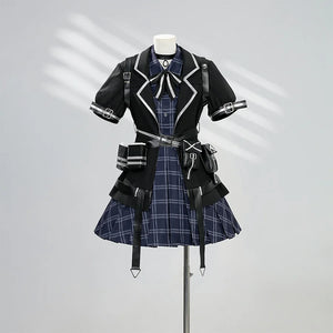 Kurobe Nanoka cosplay costume front view with black jacket, white trim and plaid dress details