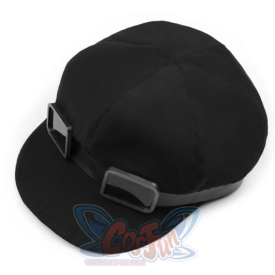 Kurobe Nanoka cosplay costume black cap top view showing construction seams and buckle strap band
