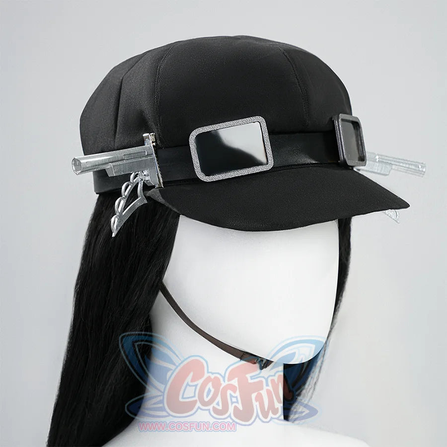 Kurobe Nanoka cosplay costume black cap side view with clear visor band, buckles and chin strap