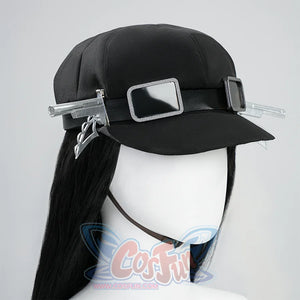Kurobe Nanoka cosplay costume black cap side view with clear visor band, buckles and chin strap