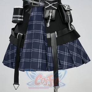 Kurobe Nanoka cosplay costume side hem view featuring plaid skirt, jacket trim and thigh straps