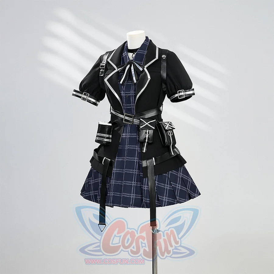 Kurobe Nanoka cosplay costume left side view with black jacket, white trim straps and plaid skirt