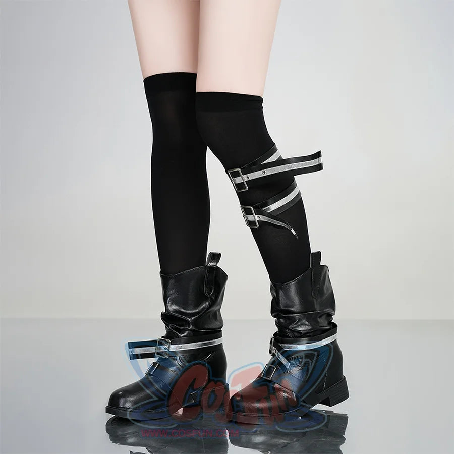 Kurobe Nanoka cosplay costume leg garter straps with white striped trim, buckles and black fabric