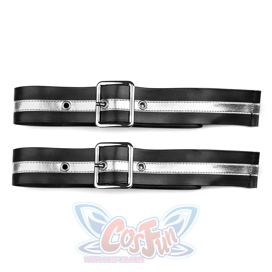 Kurobe Nanoka cosplay costume leg garter straps detail with white striped trim and buckle closures