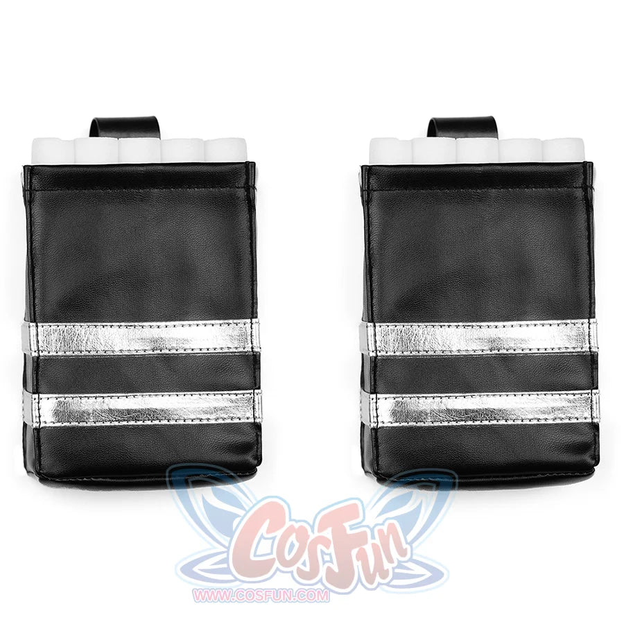 Kurobe Nanoka cosplay costume right utility pouches with black and white striped trim detail views