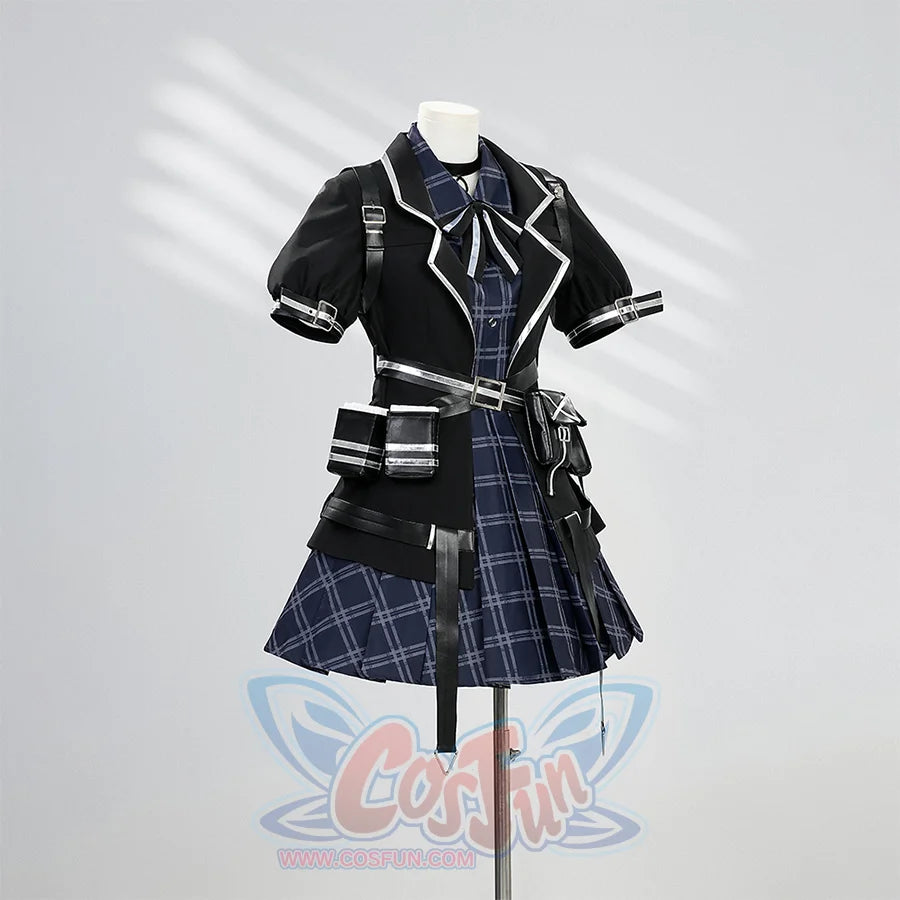 Kurobe Nanoka cosplay costume right side view showing black jacket with accessories and plaid dress