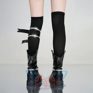 Kurobe Nanoka cosplay costume stocking back view with leg straps, white striped trim and buckles