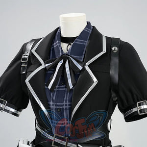 Kurobe Nanoka cosplay costume upper body side angle with jacket, plaid collar, and bow tie detail