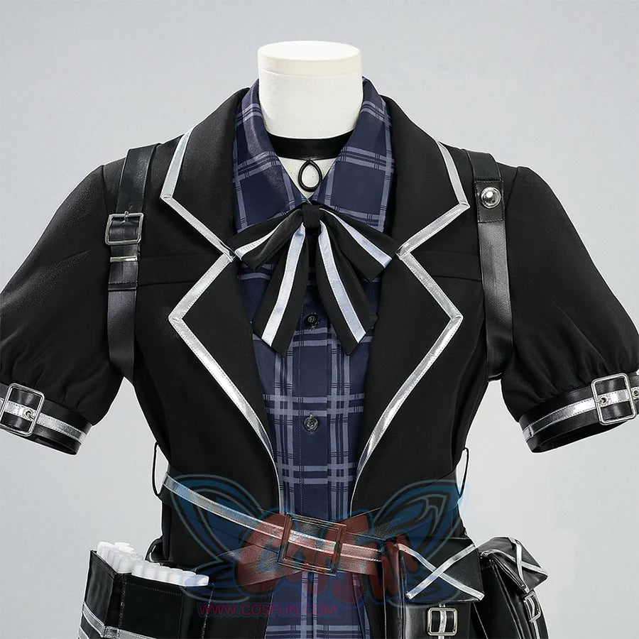 Kurobe Nanoka cosplay costume upper body detail with black jacket, white trim, and plaid shirt