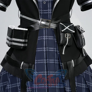 Kurobe Nanoka cosplay costume waist utility pouches detail with belt buckles and plaid skirt fabric