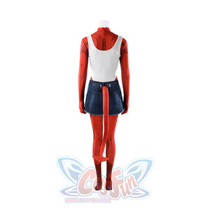 Malevola cosplay back view flat showing white panel, red sleeves, denim shorts and devil tail