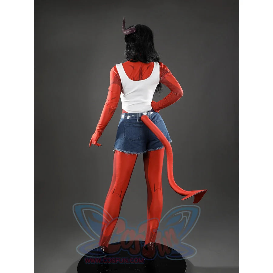 Malevola cosplay back view showing white panel, red sleeves, denim shorts, red boots and devil tail