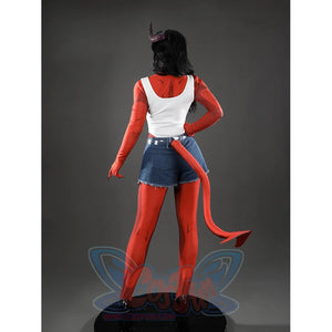 Malevola cosplay back view showing white panel, red sleeves, denim shorts, red boots and devil tail