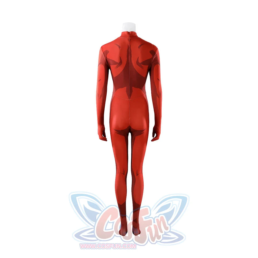 Malevola cosplay red bodysuit back view with white turtleneck showing zipper and construction