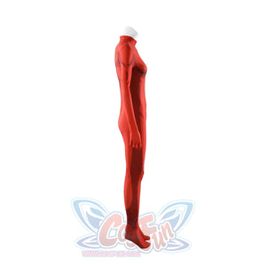 Malevola cosplay red bodysuit side profile showing construction details and white turtleneck