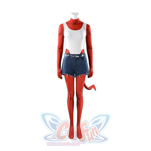 Malevola cosplay costume flat lay with white top, red sleeves, denim shorts, red boots and tail