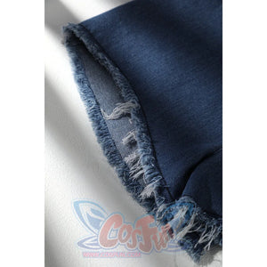 Malevola cosplay denim shorts extreme closeup showing frayed hem texture and detail