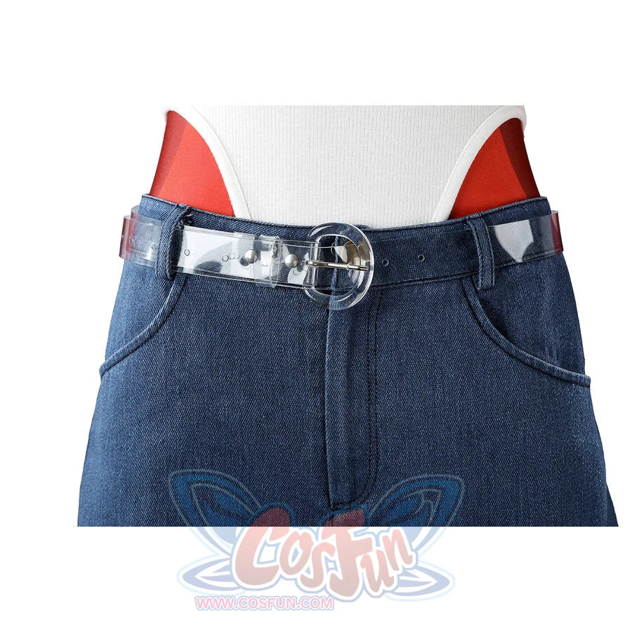 Malevola cosplay denim shorts with clear belt buckle, white tank and devil tail visible