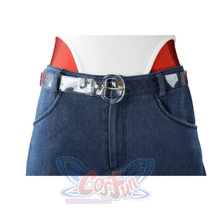 Malevola cosplay denim shorts with clear belt buckle, white tank and devil tail visible