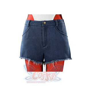 Malevola cosplay denim shorts front view with frayed hem showing red boots underneath