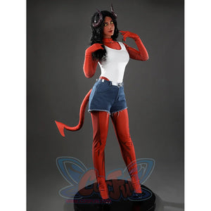 Malevola cosplay front pose highlighting horns, red sleeves, white chest panel and denim shorts