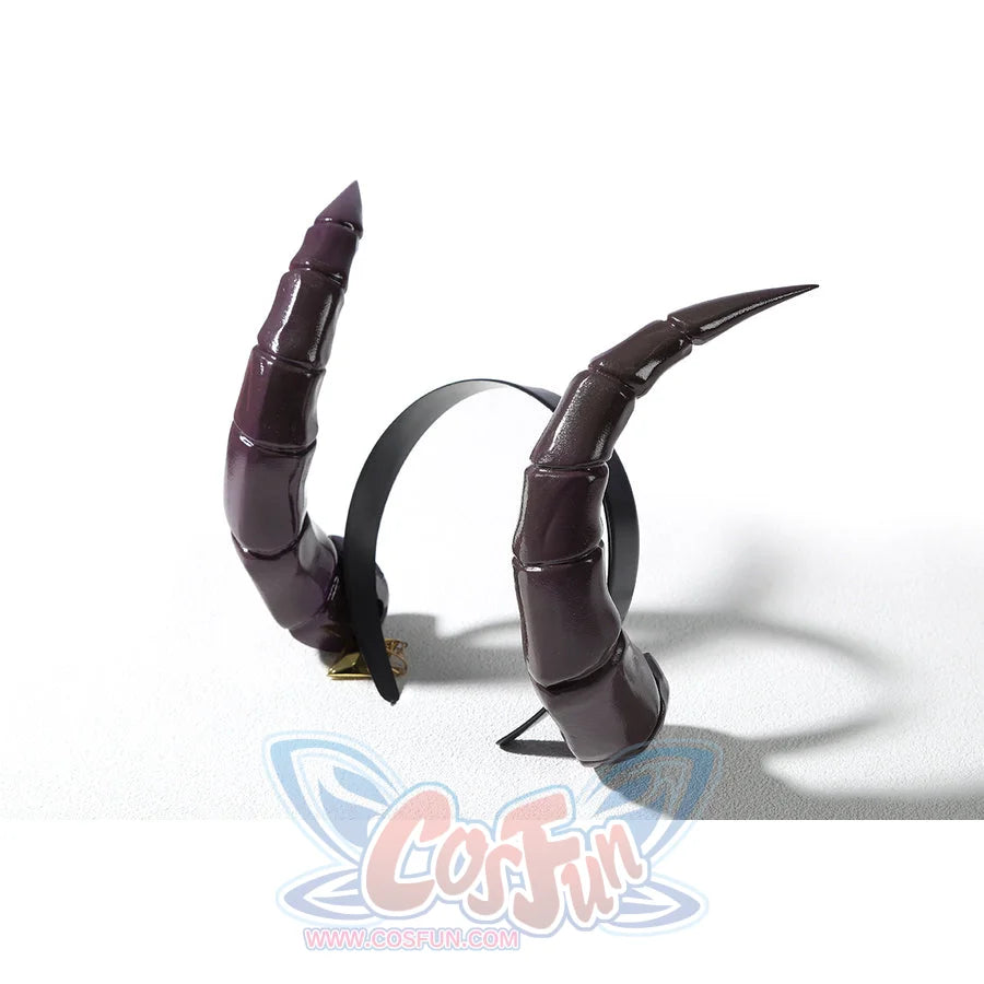Malevola cosplay devil horns headband side view showing curved horns with black elastic