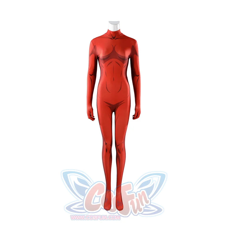 Malevola cosplay red bodysuit with white turtleneck showing detailed seams and construction