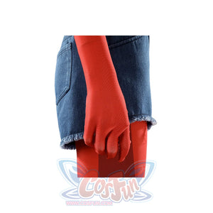 Malevola cosplay red thigh-high boots detail with denim shorts and frayed hem visible