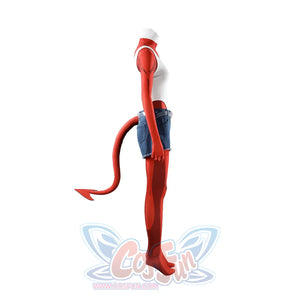 Malevola cosplay right side profile with red sleeves, denim shorts, red boots and devil tail
