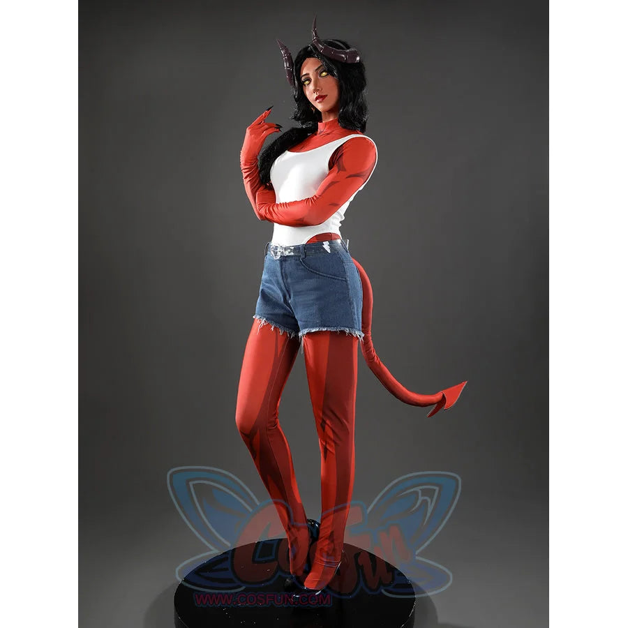 Malevola cosplay three quarter front view with arms crossed, red suit, white chest and denim shorts