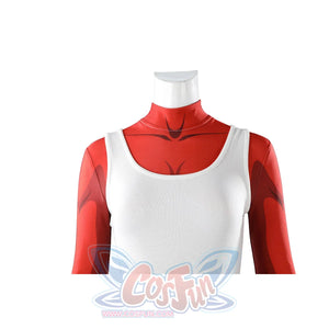 Malevola cosplay upper body showing white tank over red suit with white turtleneck detail