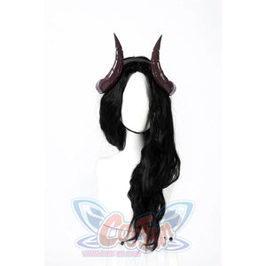 Malevola cosplay long black wavy wig with attached devil horns accessory front view