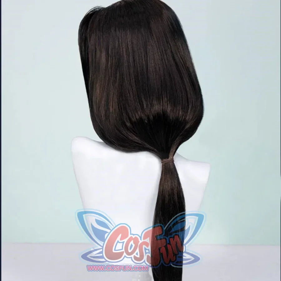 Back view of Game Rivals Mantis cosplay wig, featuring tied low ponytail with smooth finish