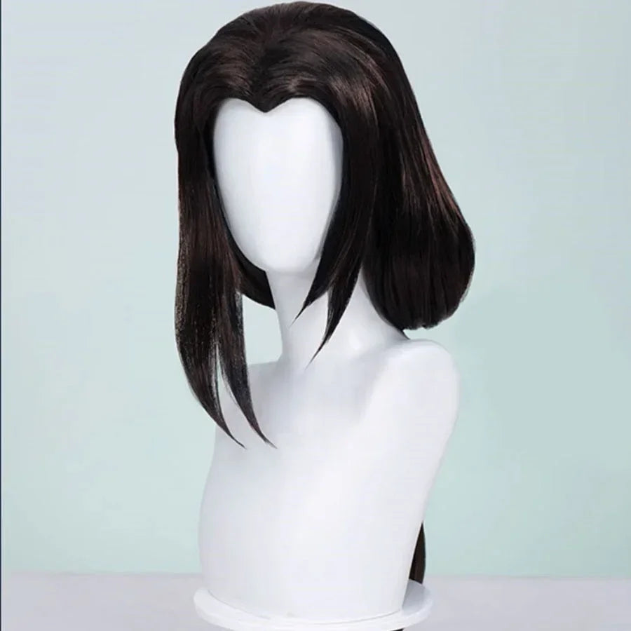 Front view of Mantis cosplay wig from Game Rivals, dark brown color with styled bangs