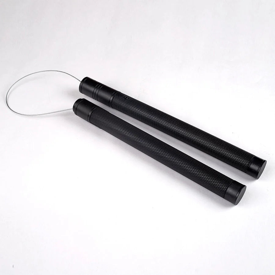 Matt cosplay nunchuck prop with black textured handles and wire connector on white background