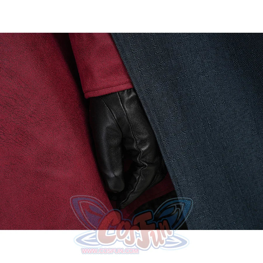Max Eisenhardt cosplay closeup showing black leather glove against red bodysuit and dark cape fabric