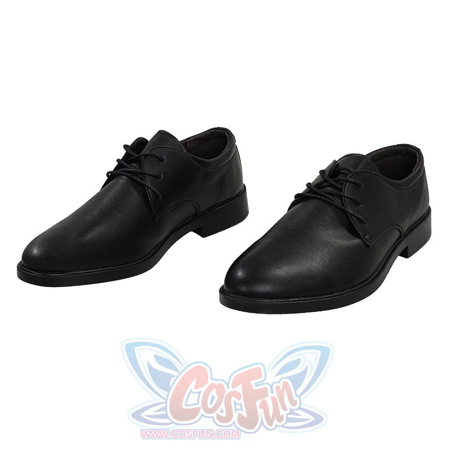 Black faux leather dress shoes for Max Eisenhardt cosplay, shown from front with both toes facing forward